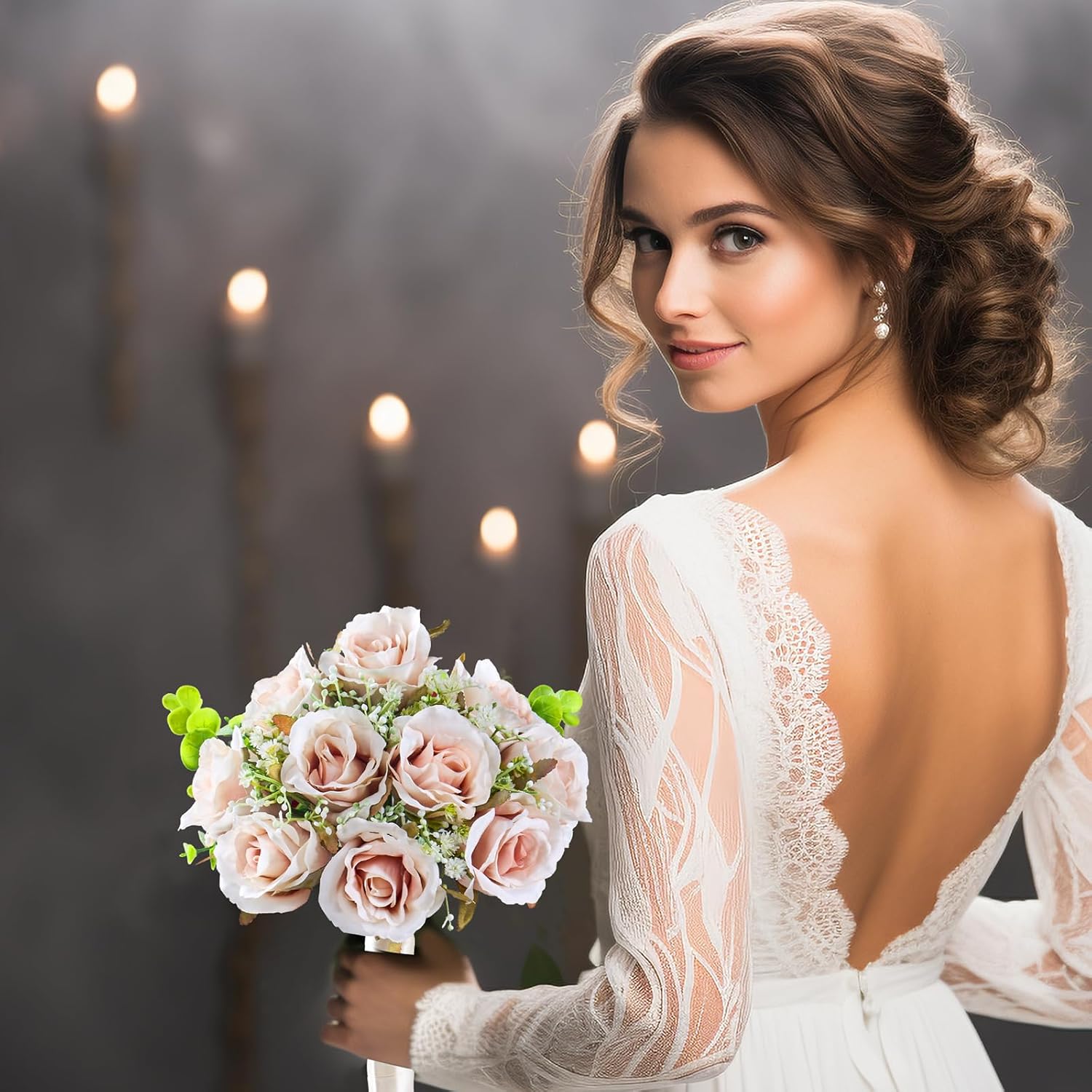 Pink Champagne Roses 10 in, Fake Flowers Wedding Bouquets for Bride, Wedding Silk Artificial Flowers 10pcs for Wedding Party, Ceremony, Anniversary & Home Decor (Come with 3 Styles of 4.5 ft Ribbons) - Image 4