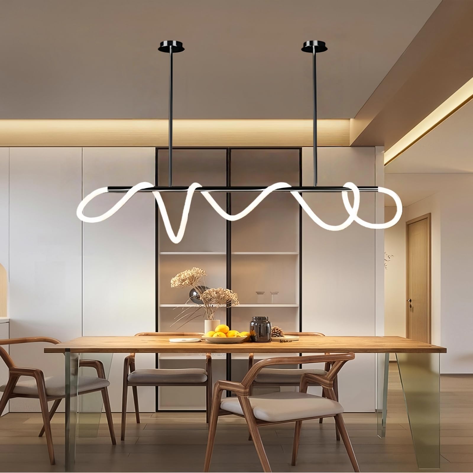 Photo 1 of FBFC Modern Dimmable Desk Linear Pendant Light, with Remote 3 Color Mode & Brightness Ring Chandelier, 47 in Dining Room Ceiling Lamp Fixture, Black Restaurant Kitchen Long Hose Lamp