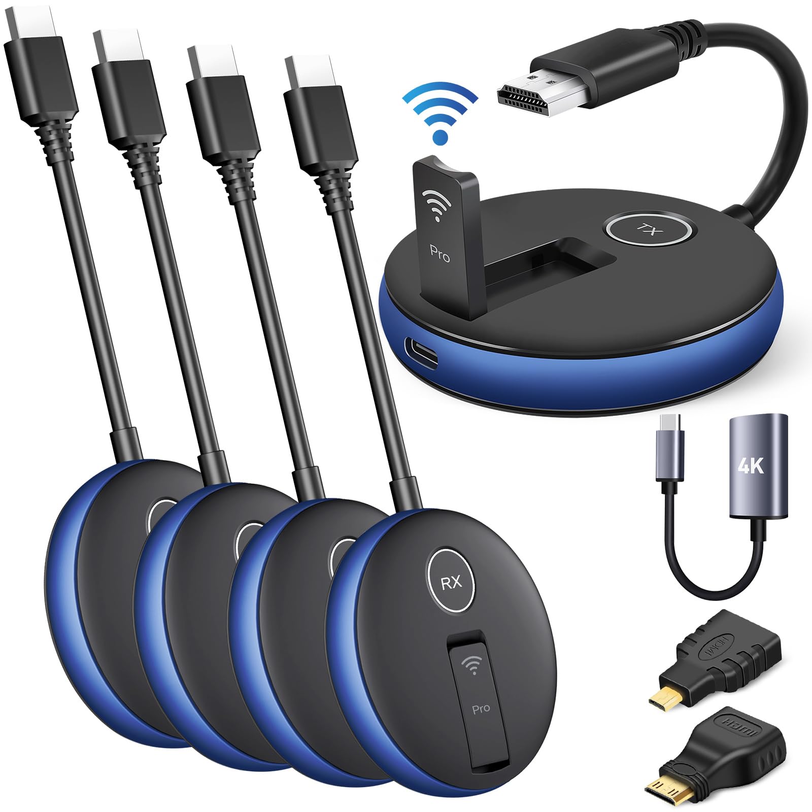 Wireless HDMI Pro Transmitter and Four Receivers- Multi-TVs Extender Kit, Plug and Play, Heat-Control, 165FT/50M 5.8G/2.4G @60Hz, Real-Time Streaming Video/PPT from Laptop to HDTV/Monitor Wirelessly