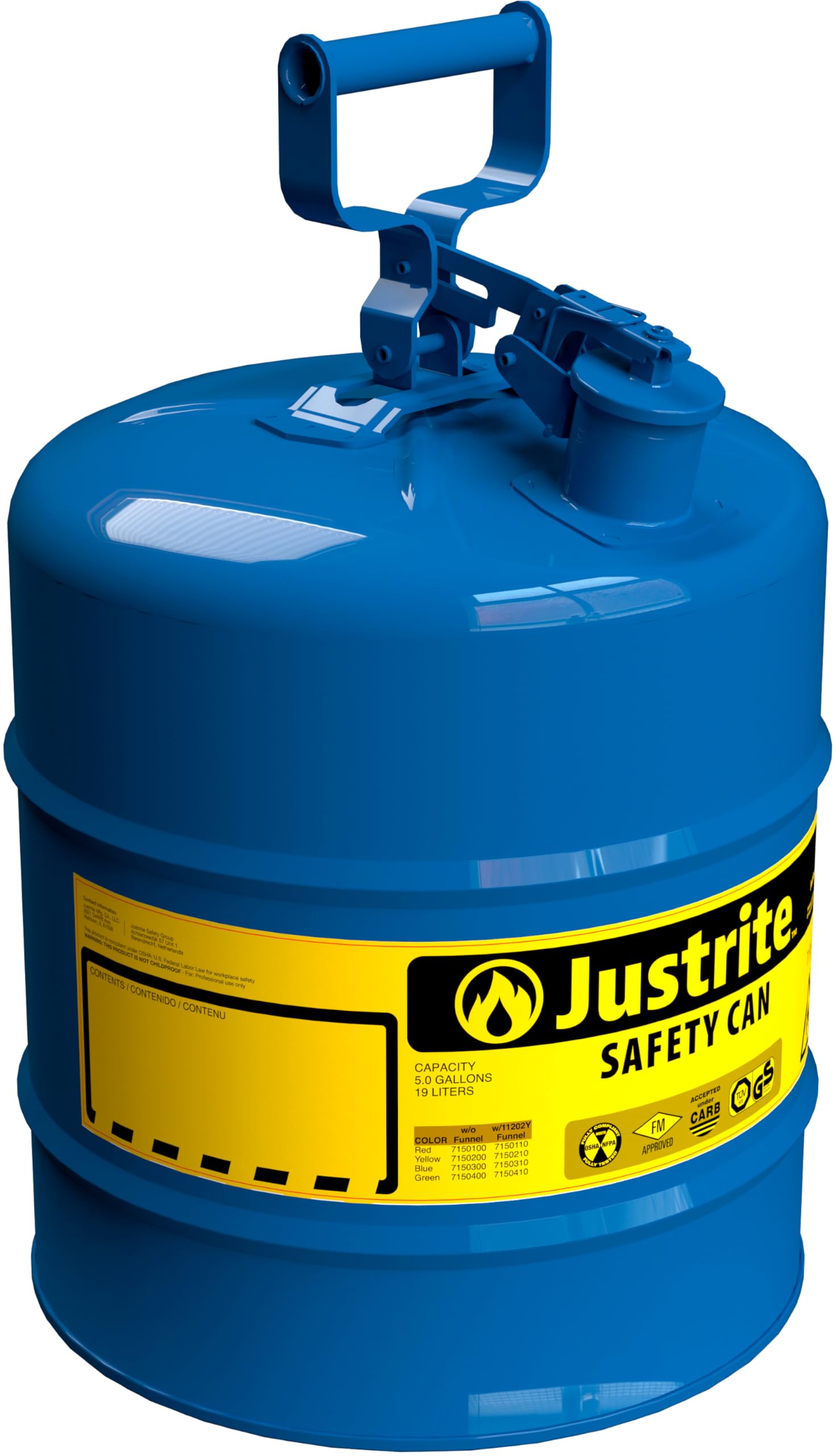 Justrite 5 Gallon Type I Blue Safety Can for Kerosene with Flame Arrester and Self-Closing Lid, Made in the USA, Galvanized Steel Flammable Storage