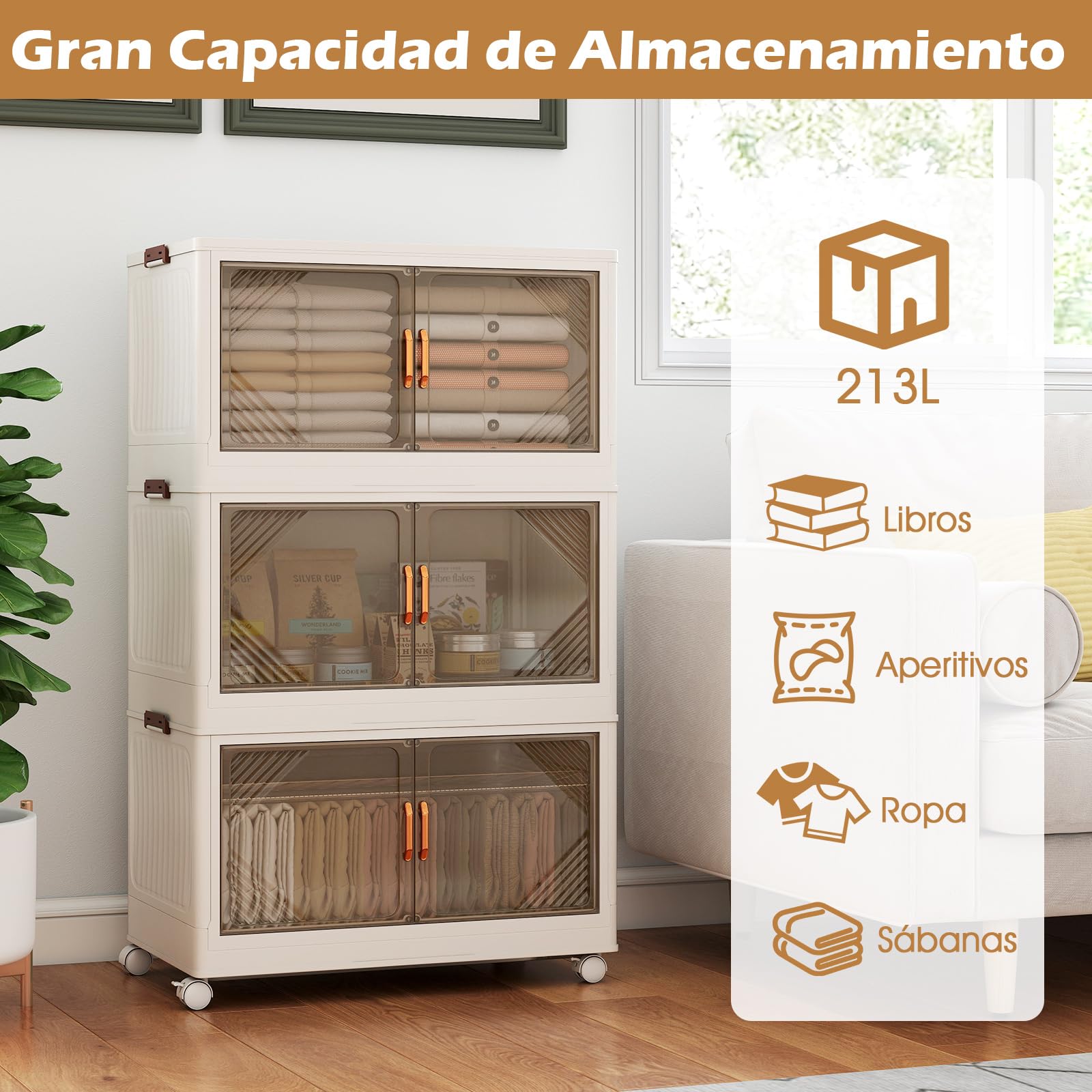 GOPLUS Caja de Almacenamiento Plegable con Tapa 159/212/265 L, Organizador Apilable con 4 Ruedas Universales y Puertas Transparentes, Armario de PP para Almacenaje y Exhibición (3 cajas / 213L)