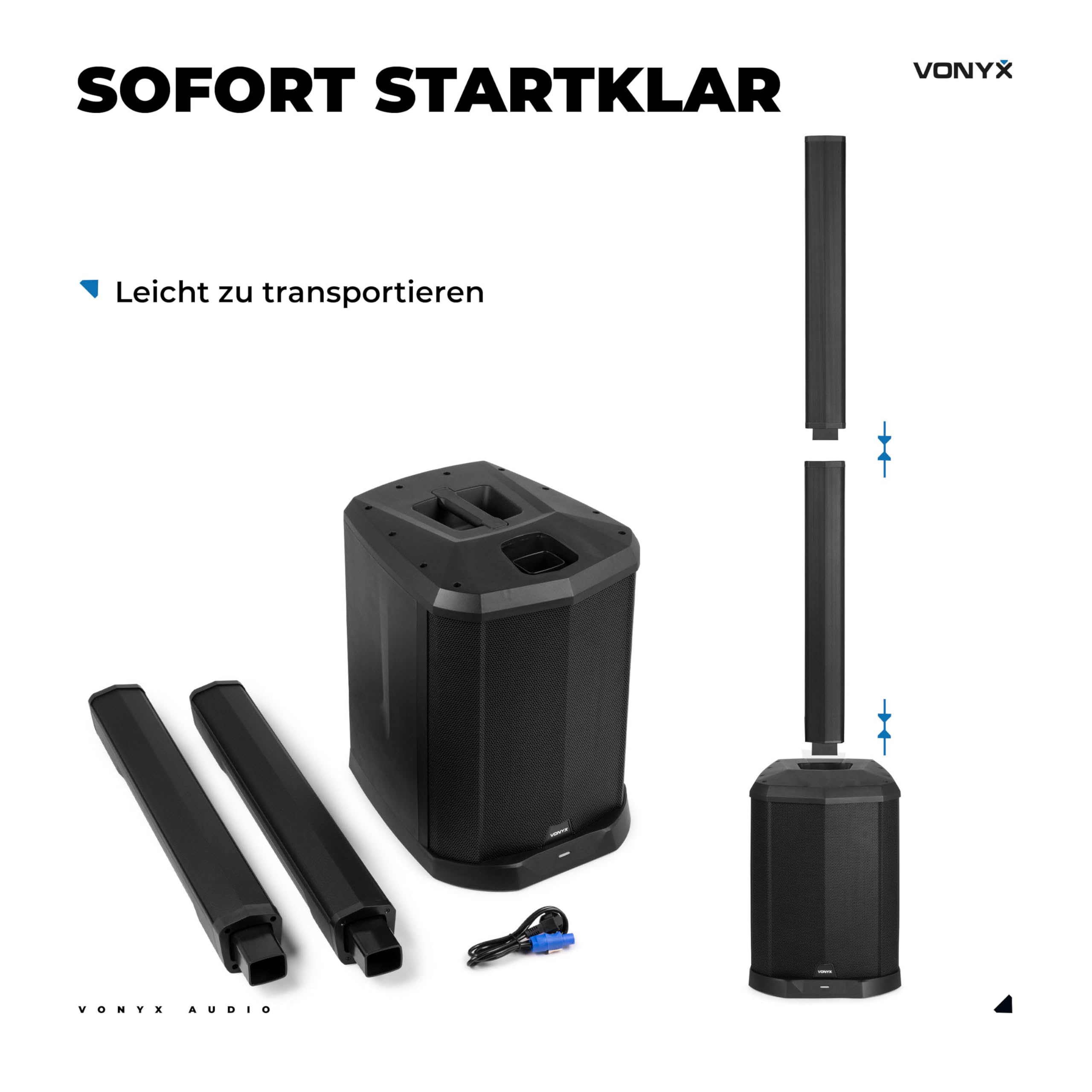 Vonyx VX822 Column Speaker System 2er Set PA Anlage Aktiv 1800 Watt Line Array Säulenlautsprecher 12 Zoll Subwoofer Bluetooth 5.0