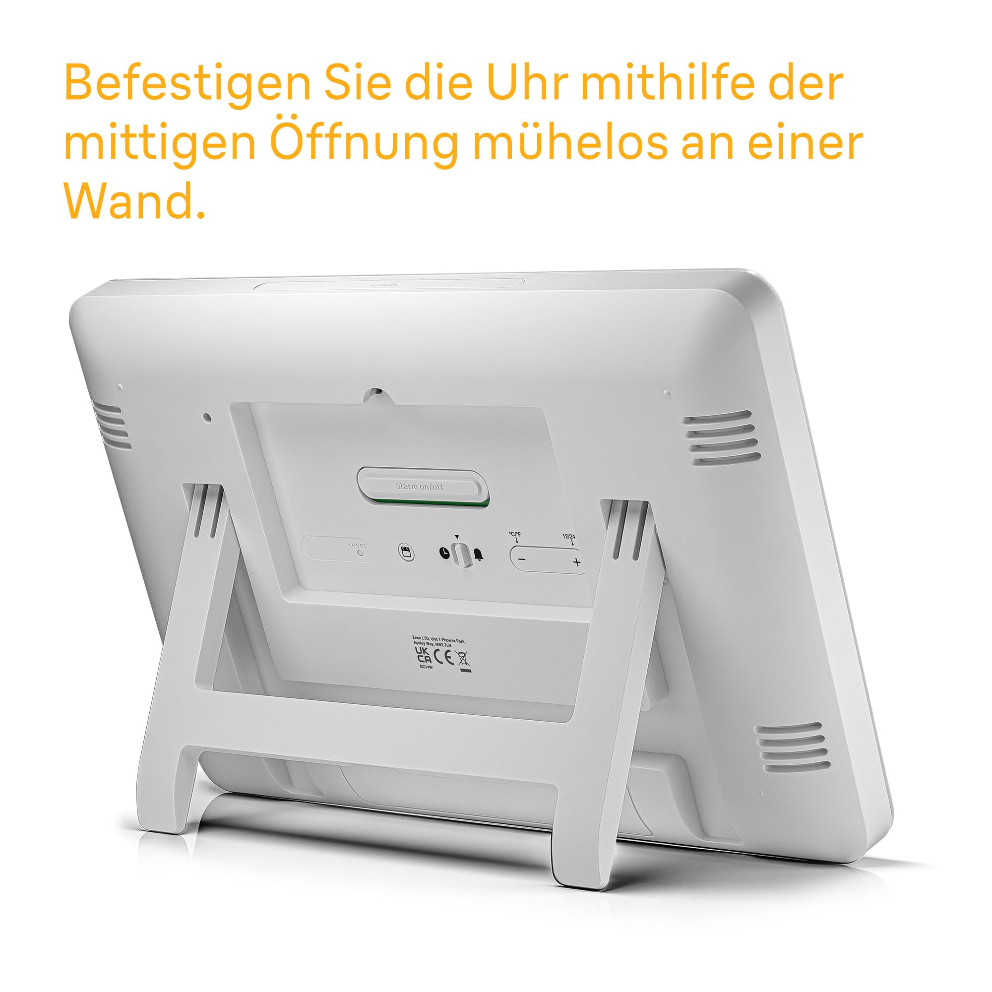Braun Digitale Wanduhr mit Innentemperatur, Datum, Wochentag, großem umgekehrtem LCD-Display, Schnelleinstellung, Piepton-Alarm in Weiß, Modell BC14W.
