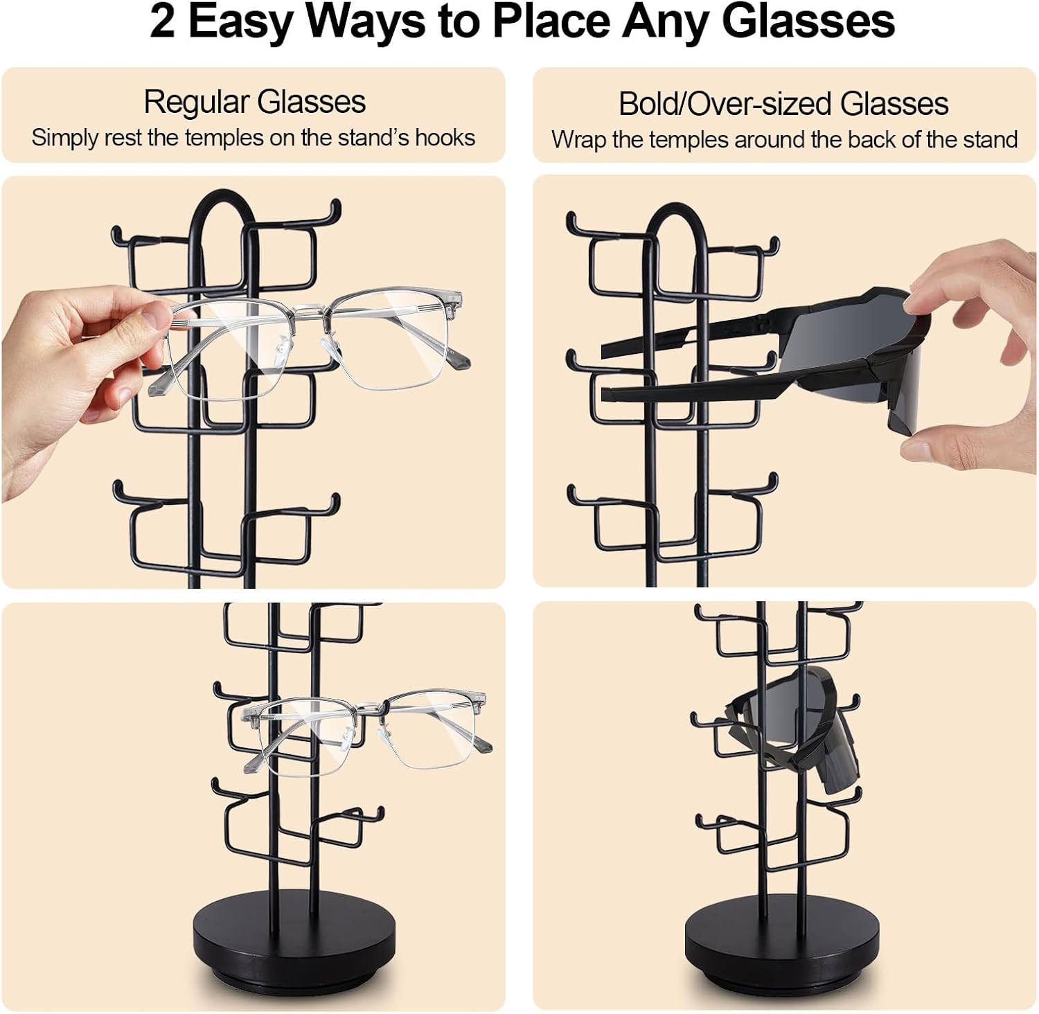 360° Rotating Sunglasses Organizer, 10-Pair Eyeglass Holder Stand for Tabletop, Metal Sunglasses Display Rack with Sturdy Wood Base for Entryway, Bedroom, Desk, Stylish Eyewear Storage