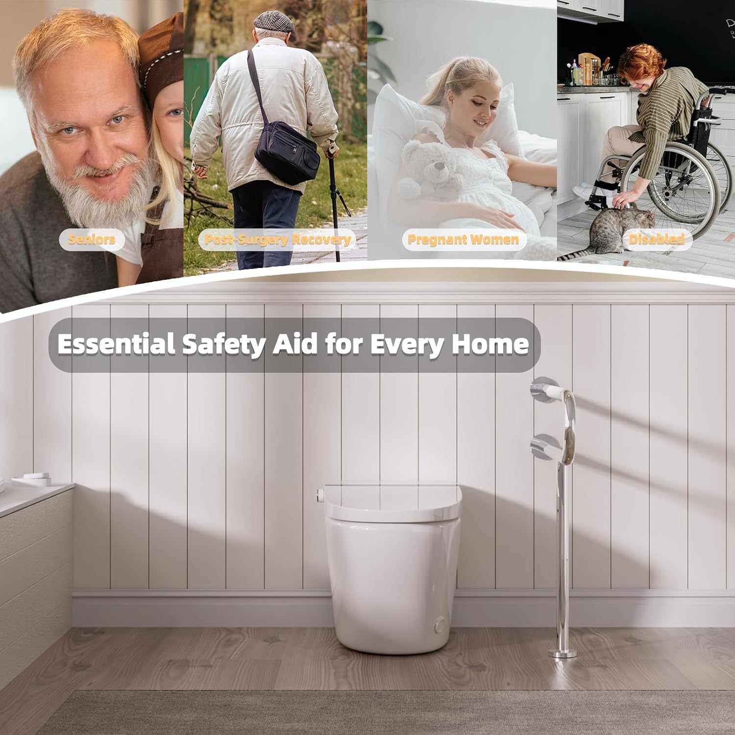 Toilet Grab Bar with Leg, Floor Mounted Knurled Safety Rail, Heavy Duty Chrome Stainless Steel Support Handle, Bathroom Stand Assist, Non-Slip Mobility Aid for Elderly, Disabled, 31 Inch