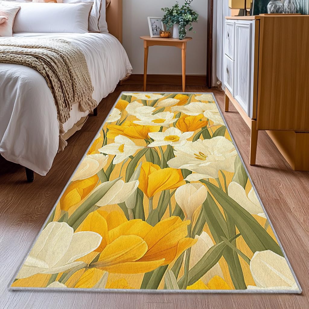 Generisch Läufer Flur Gelb Narzisse Floral, Waschbarer Teppich Läufer Frühling Blumen 65x180, Küchenteppich, Eingangsbereich, Bettvorleger, Schlafzimmer Deko, rutschfest, Kurzflor j3063