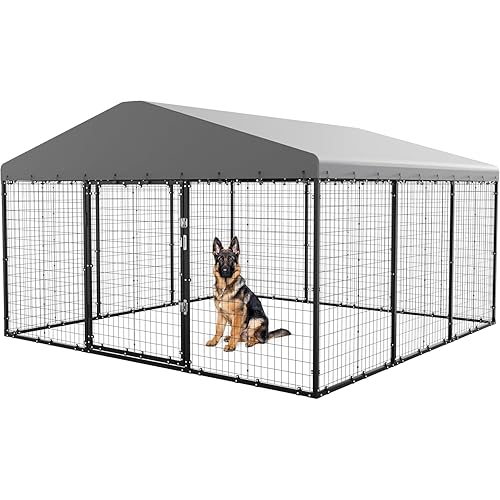 118"×118"×70.9" Large Outdoor Dog Kennel with Roof,Heavy Duty Dog Cage with Double Secure Locks,Anti-Rust Galvanized Steel Dog Fence Pen with Water Resistant Roof Cover