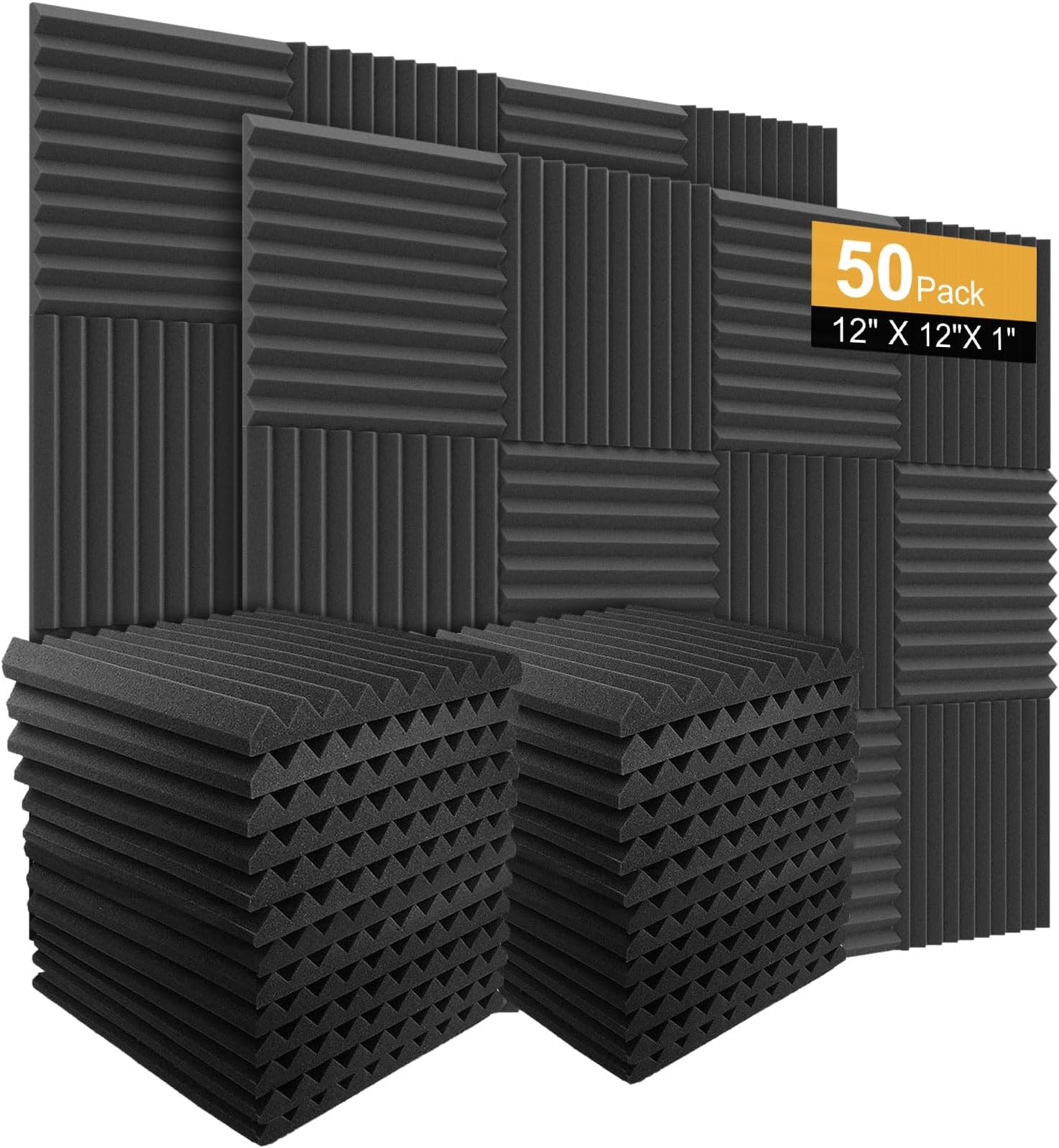 50 Pack Acoustic Panels Soundproof Studio Foam for Walls Sound Absorbing Panels Sound Insulation Panels Wedge for Home Studio Ceiling, 1" X 12" X 12", Black (50PCS Black)