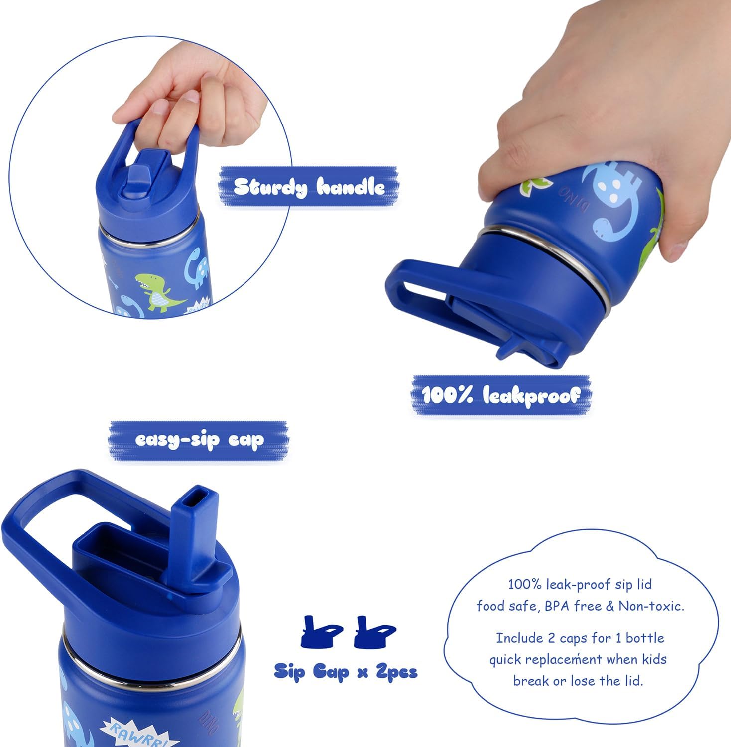 16 oz Stainless Steel Insulated Kids Water Bottle, Leak Proof Metal Thermal Flask with Straw lid, Cute Toddler Tumbler Cup for School Girls & Boys (Blue, Dino) - Image 4