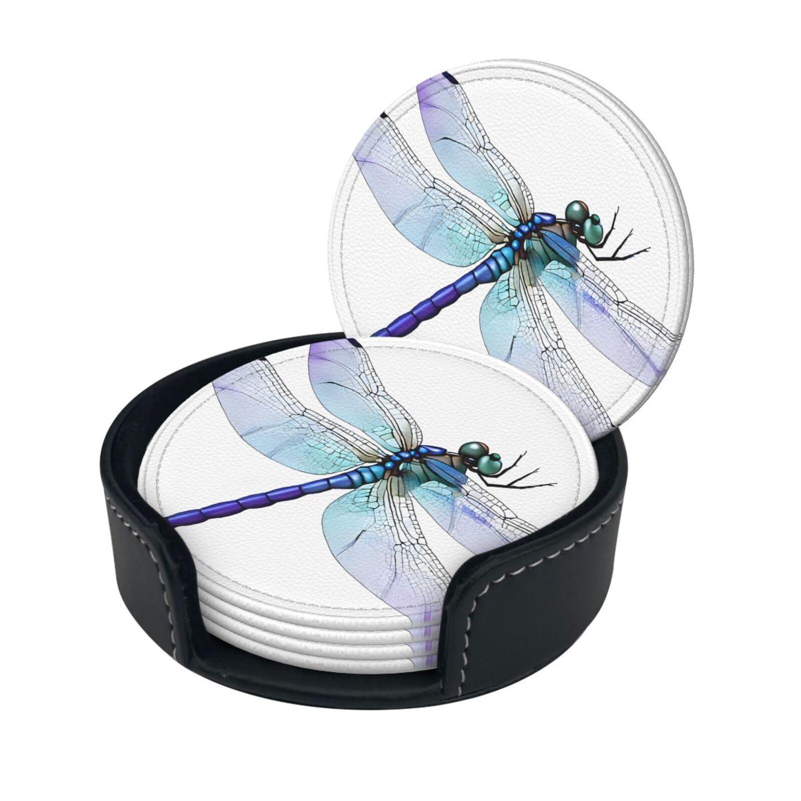 Dragonfly Print Print Coaster,Round Leather Coasters with Storage Box for Wine Mugs,Cold Drinks and Cups Tabletop Protection (6 Piece)