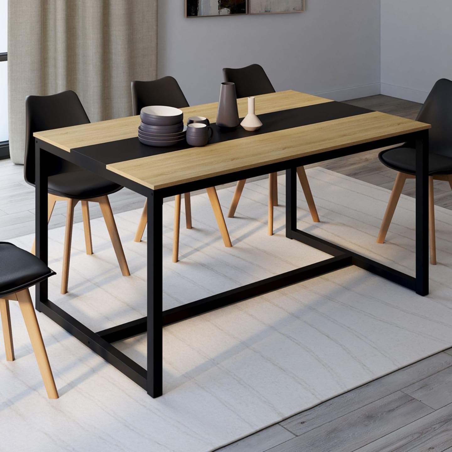 IDMarket - Mesa de comedor rectangular Dover 8 personas con banda central negra, diseño industrial, 150 cm