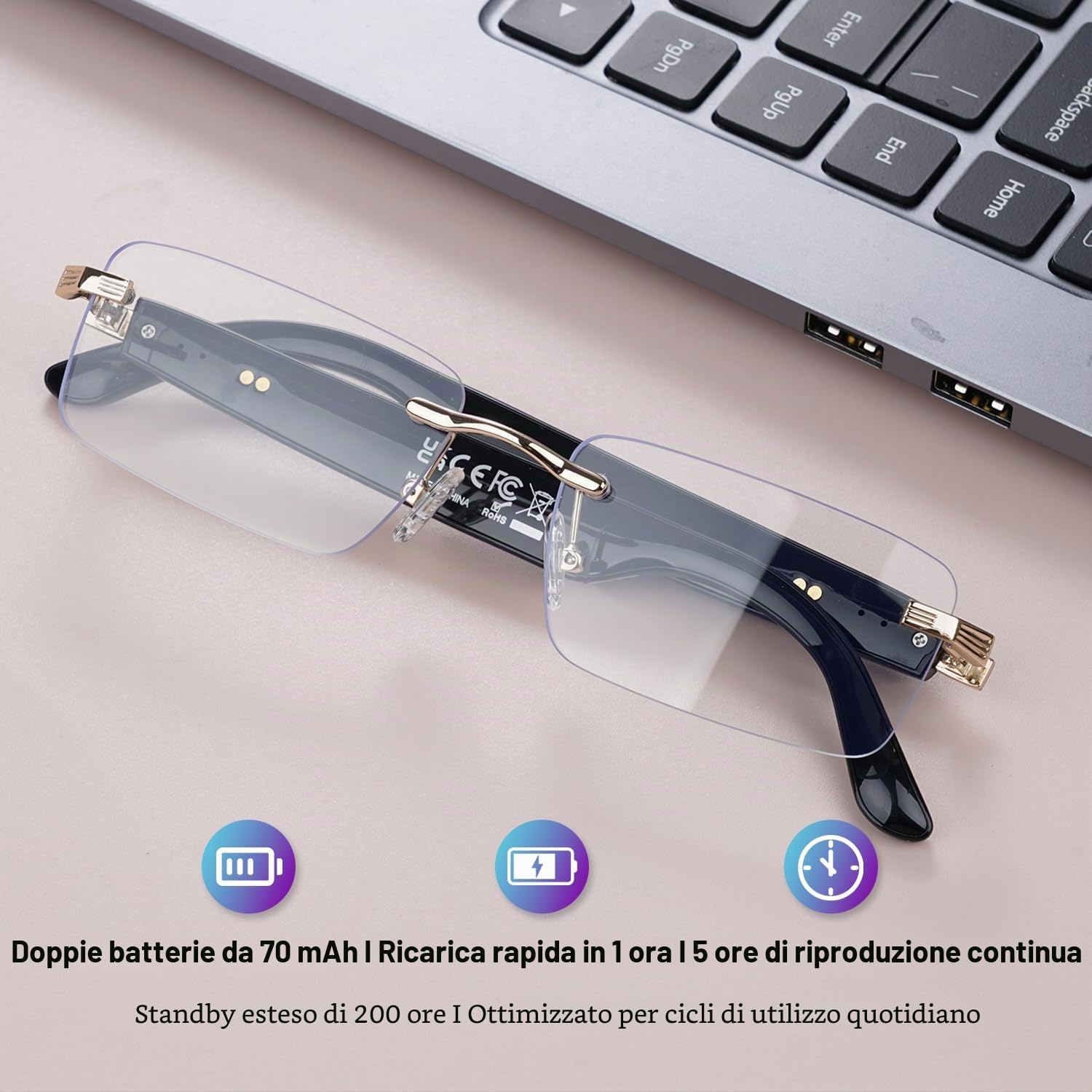 GenXenon Occhiali Smart AI, Occhiali AI con Altoparlanti Open-ear, Lenti Fotocromatiche, Musica, Chiamate in Musica, Vivavoce, Smart Glasses Senza Montatura per Viaggi, Lavoro, Studio (Bianco)