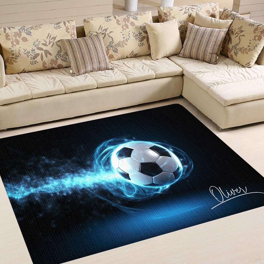 Customized Soccer Rugs for Boys Rooms, 3D Print Cool Football Mat for Playroom Living Room Decoration Soccer Ball Deisgn Non-Slip Sport Mat for Boys Girls Todder, Soccer Room Decor for Boys