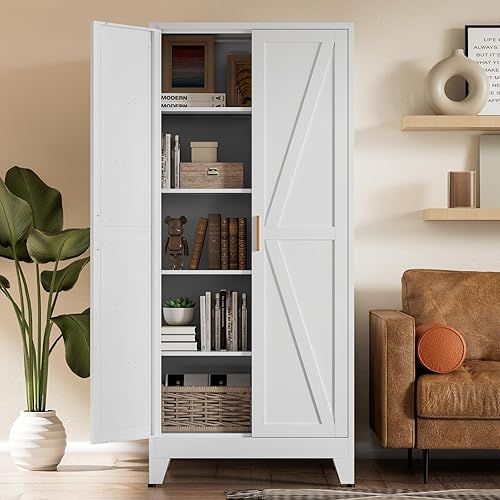 Miniatura 23 de COFaR Armario blanco de despensa de cocina con 2 puertas de granero, 3 estantes y patas ajustables, para armario, comedor, baño, sala de estar,