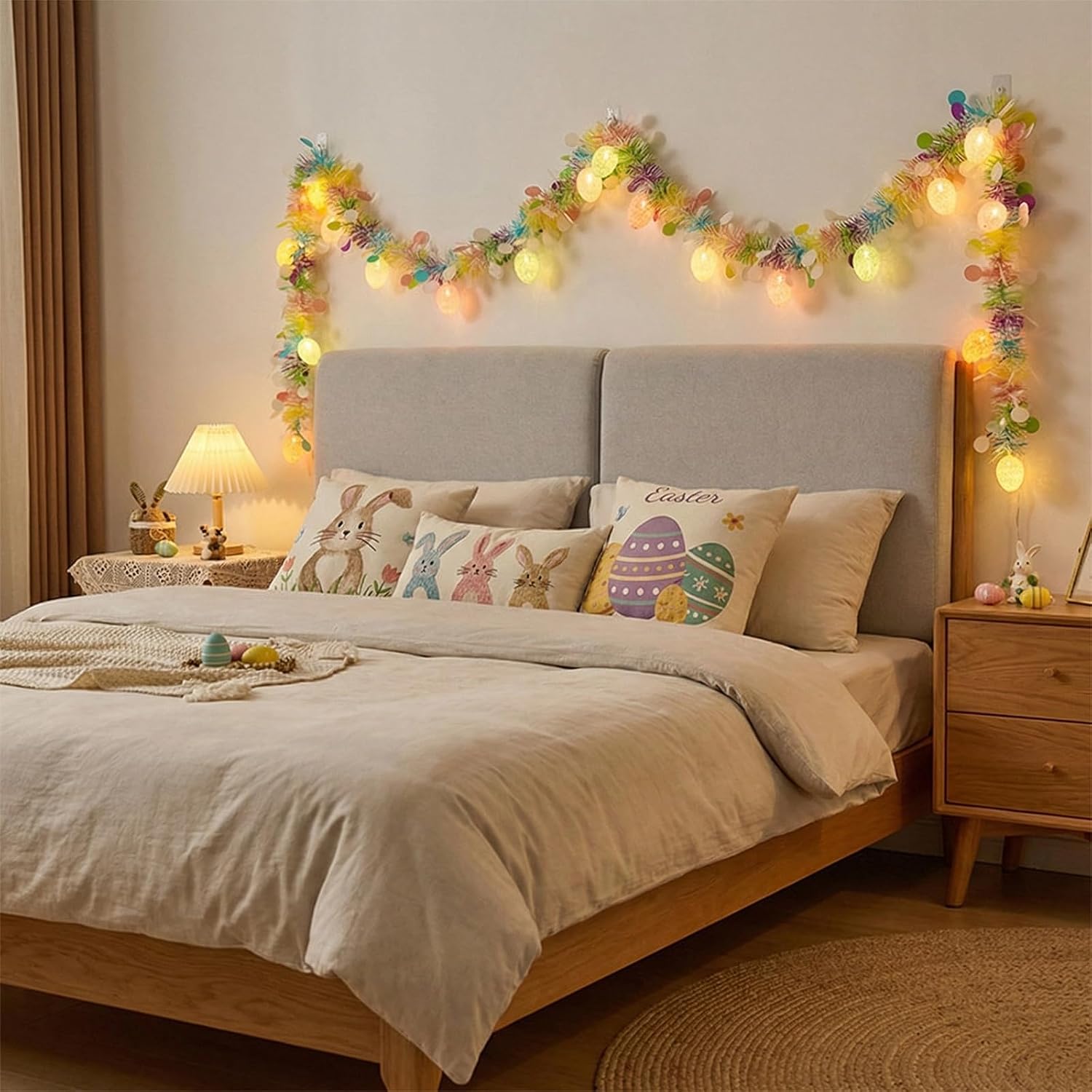 Easter Decorations, 13FT Colorful Easter Tinsel Garland with 20 LED Egg Lights, Battery Operated String Lights Garland for Home Window Fireplace Birthday Party Holiday Hanging Decoration (Egg)