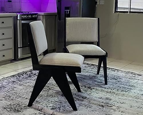 Miniatura 5 de VESCASA Sillas de comedor tapizadas con patas de madera negra, sillas de comedor acolchadas modernas de lino de mediados de siglo con respaldo