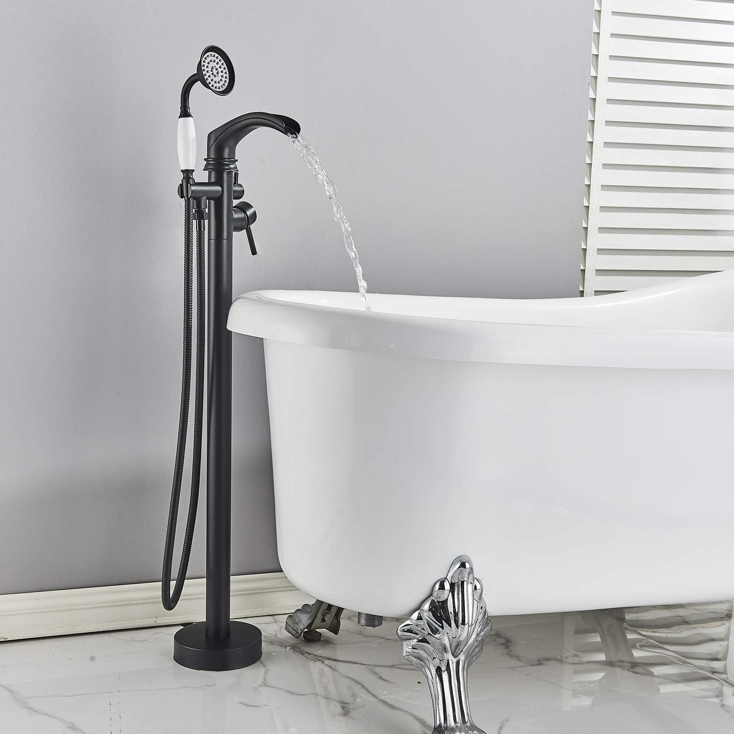 Best Promo Rozin Freestanding Black Color Tub Filler Faucet Single Handle with Diverter Bathtub Shower Mixer Tap with Hand Shower Floor Mounted Stainless Steel