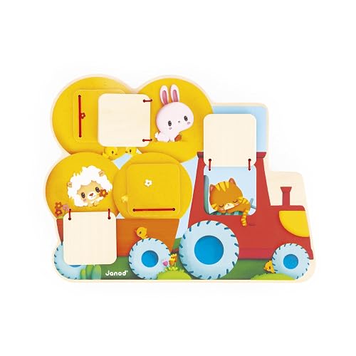 Janod Puzzle de Madera Tractor Escondite - 5 Puertas para Abrir - Desarrolla la motricidad Fina