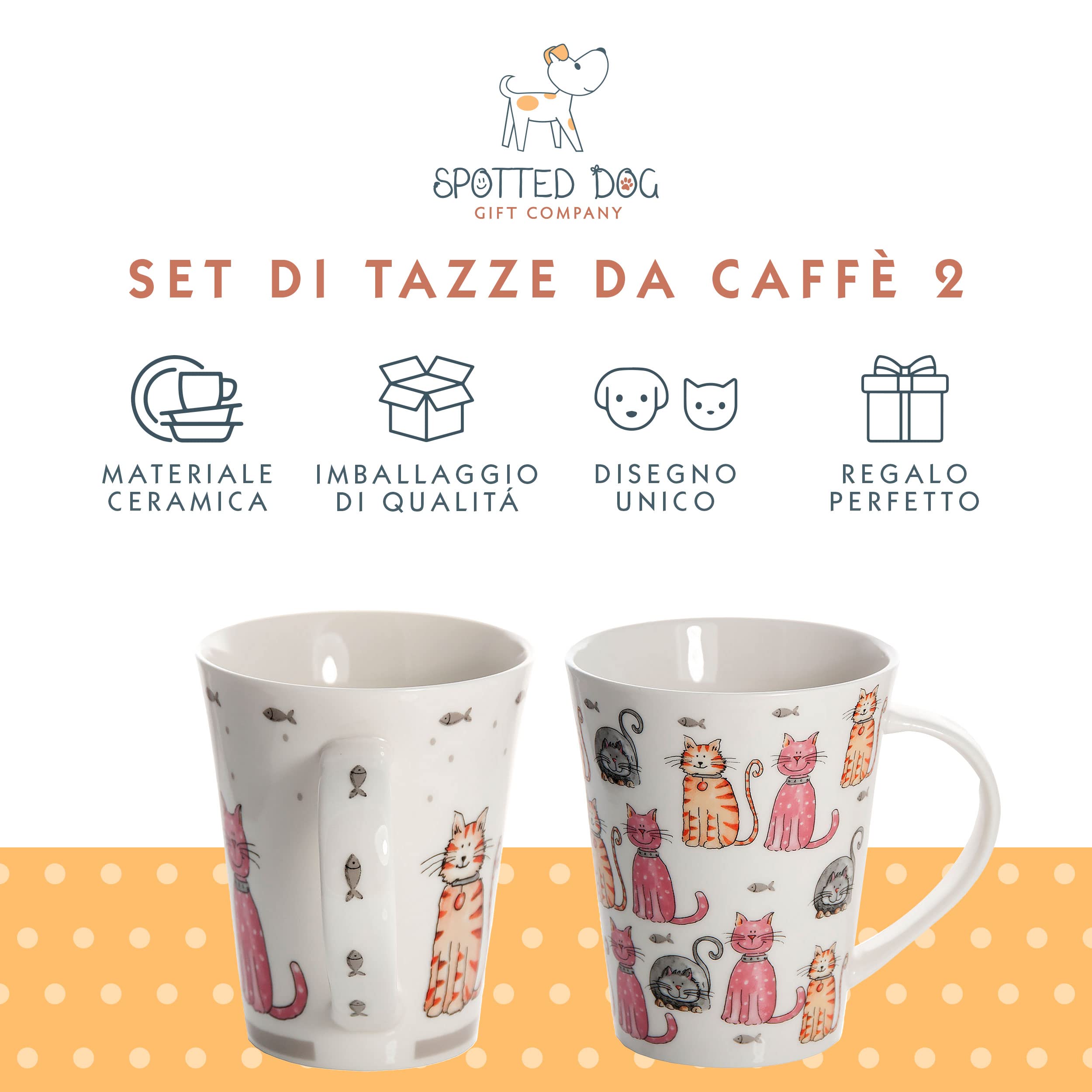 SPOTTED DOG GIFT COMPANY Set di 2 Tazze Gatto da Caffè in Ceramica 360 ml per Caffè e Tè, Tazze con Gatti Carine e Colorate, Regalo per Gattara, Donna e Uomo