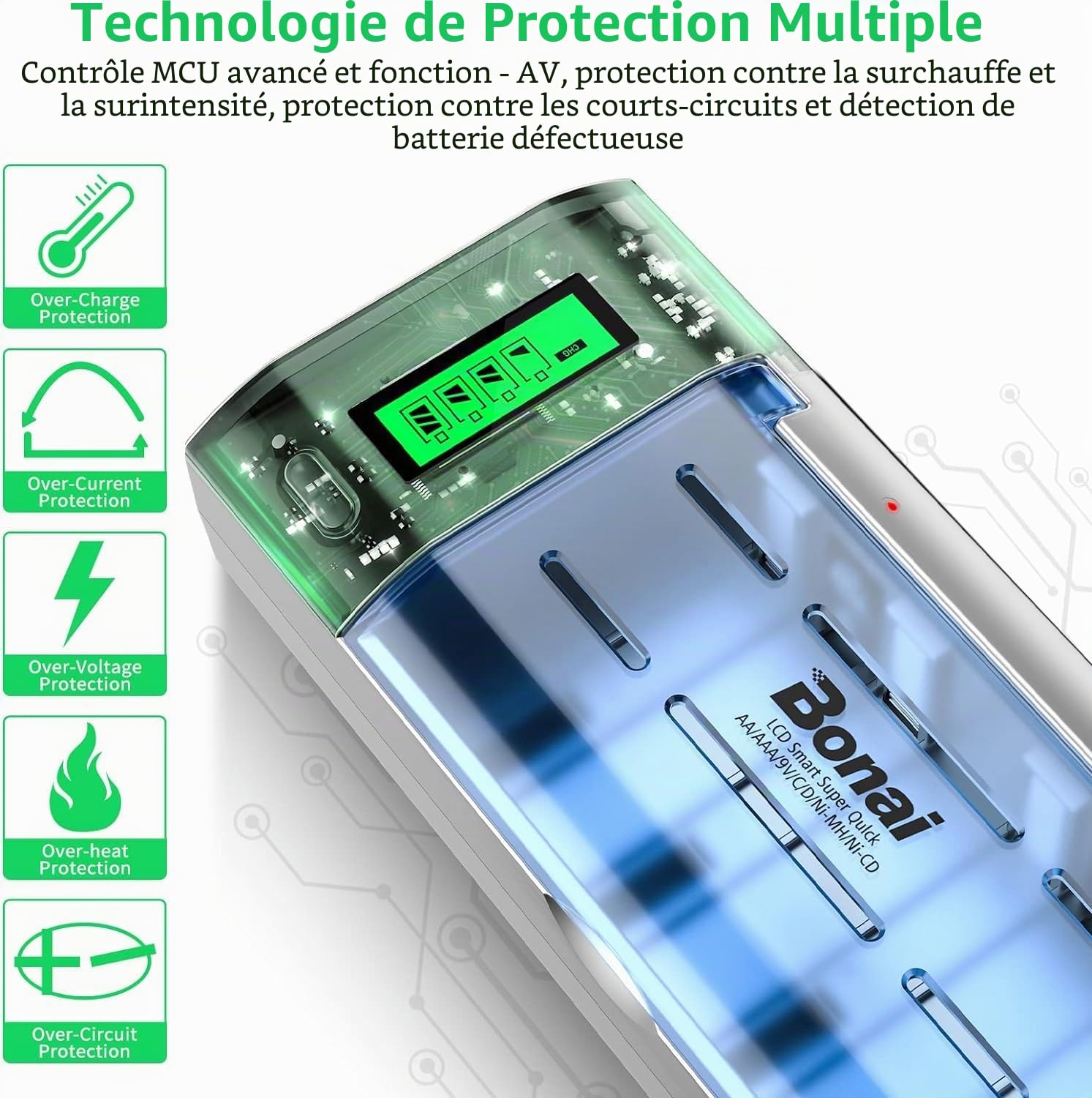 BONAI Chargeur Piles Rechargeable Universel pour AA/AAA/C/D NiMH et 9V Lithium, LCD, Fonction Décharge, Charge Rapide