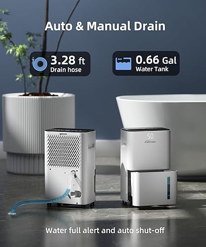 Miniatura 6 de BRITSOU Deshumidificador de 34 pintas para el hogar, sótano y dormitorio con manguera de drenaje de 6.56 pies, control inteligente de humedad,