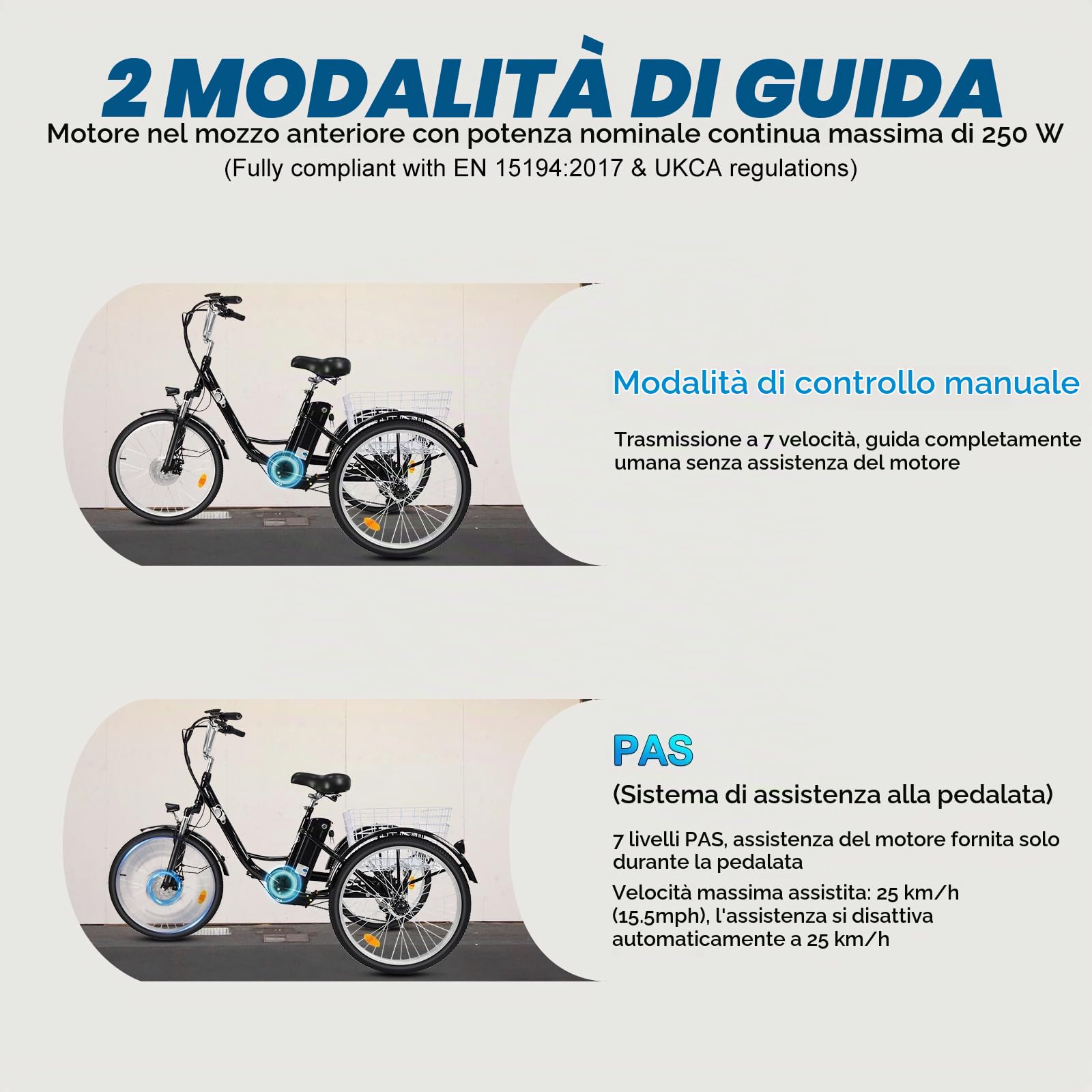 Triciclo Elettrico per Adulti e Anziani | Motore 250W Conforme EPAC EN 194 | Velocità Max di Assistenza 25 km/h | 7 Velocità, Cestino Grande, Telaio in Alluminio, Luci LED, 3 Ruote per Tutti i Terreni