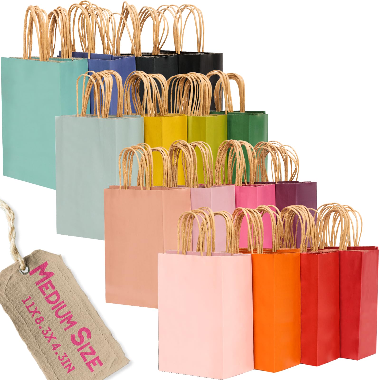 qiqee 100 mittelgroße Papier-Geschenktüten mit Griffen, 27,9 x 21,1 x 10,9 cm, kleine Partytüten aus Kraftpapier, 16 einfarbige Farben