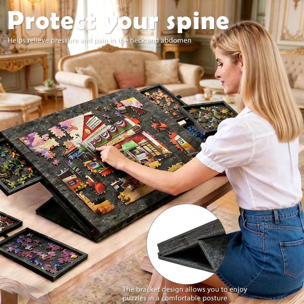 Tabla de cortar con soporte 2 en 1 y cubierta de fieltro ligero con 6 cajones para adultos, mesa de rompecabezas portátil de fieltro para hasta 1000 piezas, rompecabezas