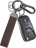 TESKYER Genuine Leather Keychain - Heavy Duty Car Key Chain with Anti-Lost D-Ring & Carabiner Clip for Home Car Keys