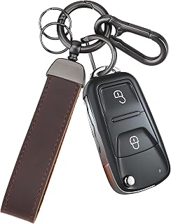 TESKYER Genuine Leather Keychain - Heavy Duty Car Key Chain with Anti-Lost D-Ring & Carabiner Clip for Home Car Keys