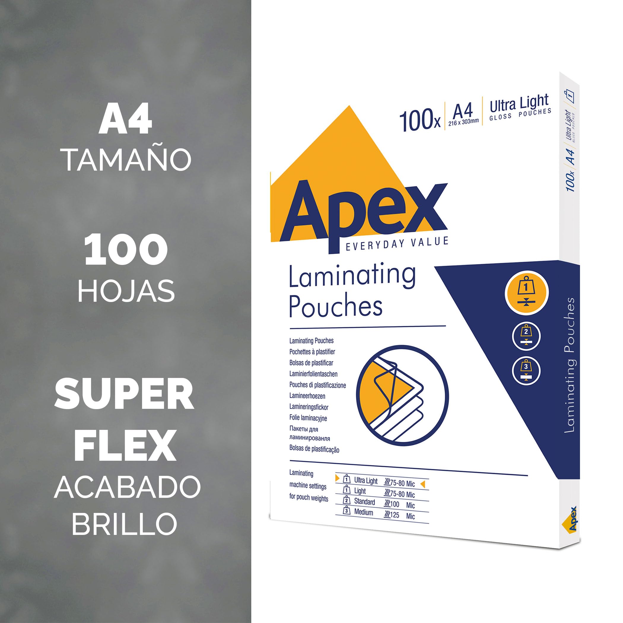 Fellowes Apex A4 Fundas de plastificar, acabado brillante, 100 Hojas - Super-Flex - Adecuadas para avisos y fotos