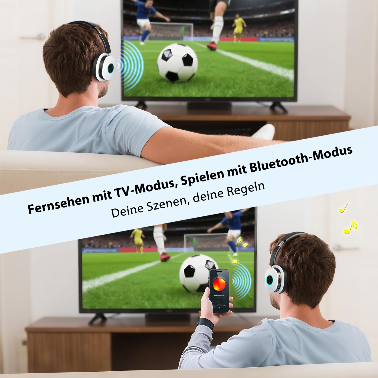 Funkkopfhörer Kabellos für TV, Kabellose TV-Kopfhörer mit Sender-Ladestation für Senioren, Ohne Audio-Verzögerung, Bluetooth 5.4, Over-Ear Kopfhörer für Fernseher mit 3 Audiomodi, Geschenk für Eltern