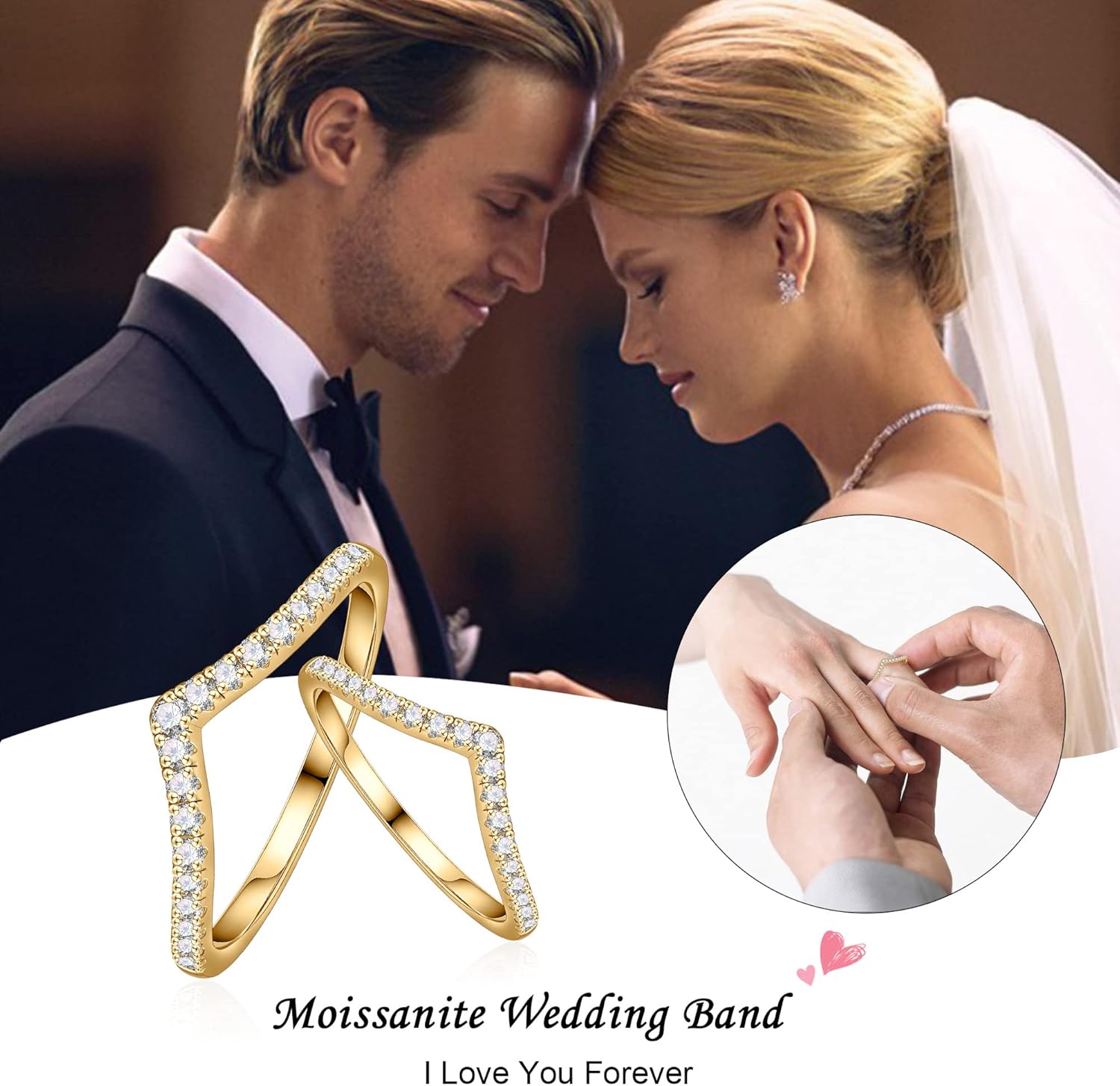 SMILEST Moissanite Chevron Wedding Band for Women, D Color VVS1 Clarity Lab Created Moissanite Ring 14K White Yellow Rose Gold Vermeil Moissanite Wishbone Eternity Ring for Women Valentine's Day Gifts