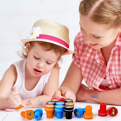 Miniatura 6 de Aoriher 24 sellos de construcción para camiones, regalos de fiesta de construcción, regalos de fiesta de camiones, sellos autoentintados,