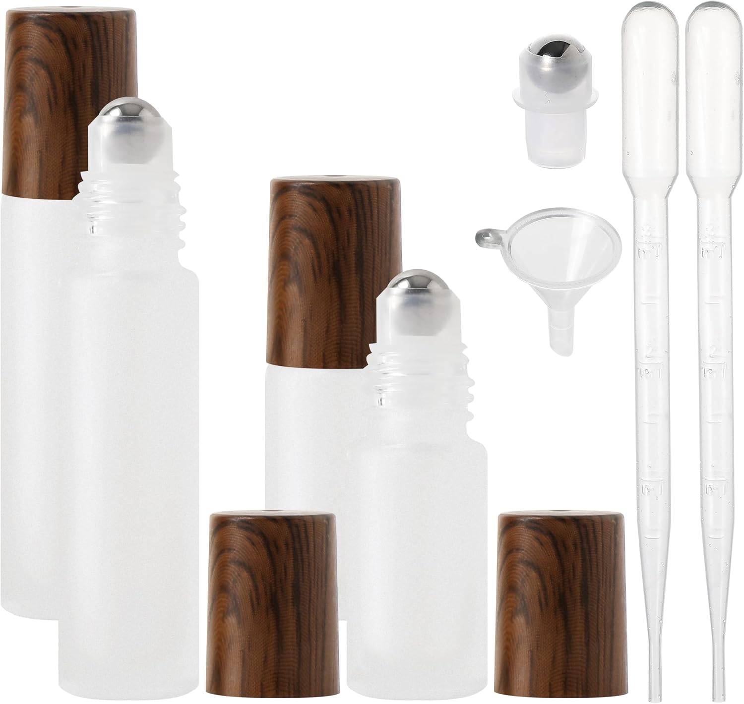SESENSE Essential Oil Roller Bottles, 4PCS (10ml & 5ml) Glass Perfume Roller Bottles with Funnel Opener and Dropper Beauty and Personal Care Tools (White-brown cover, 4 Packs)