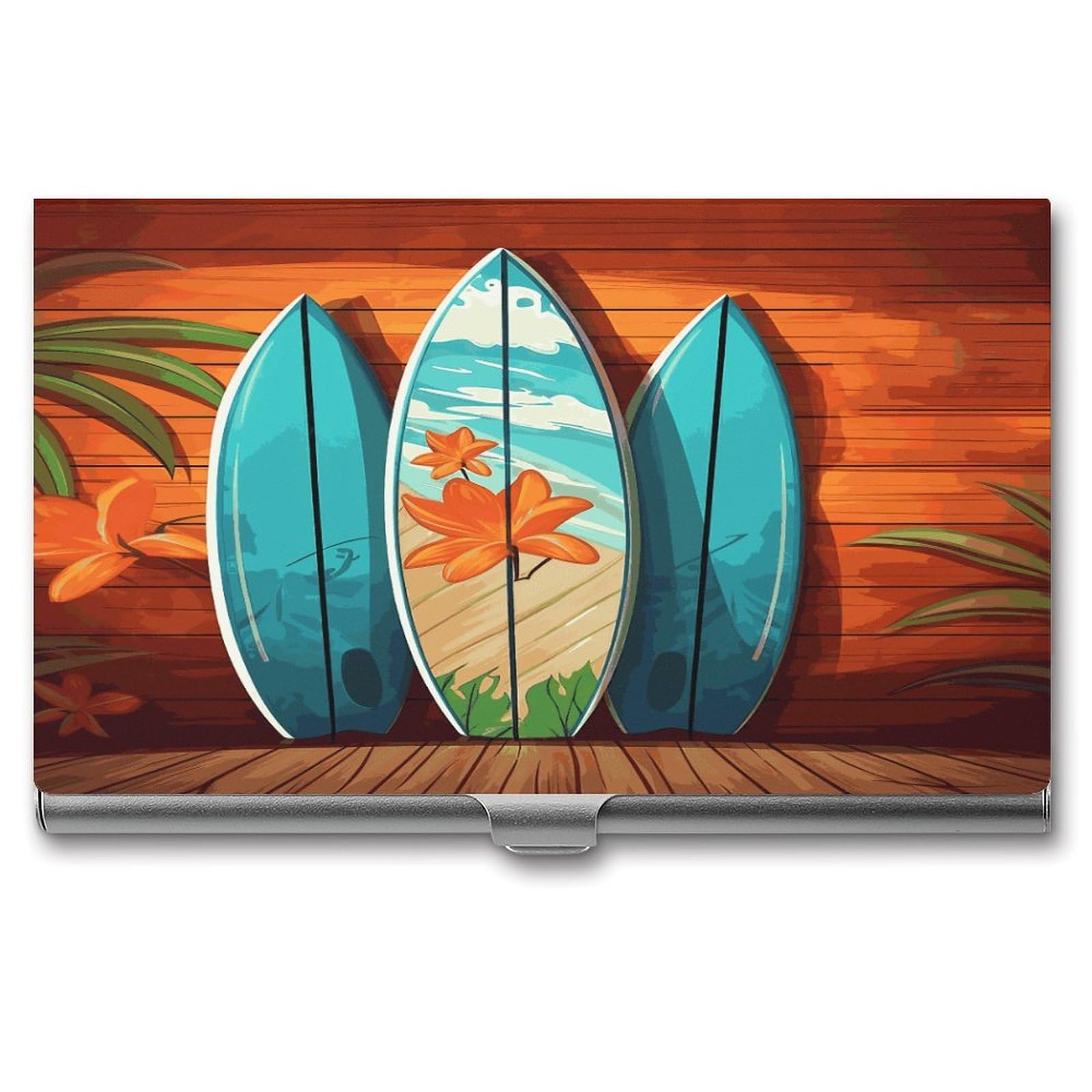 LDGSUPH Surfboard on Wooden Business Card Holder Fashion Slim Name Card Holder Minimalist Design Case Metal Card Carrier Personalized Business Card Case with Flip for Men Women