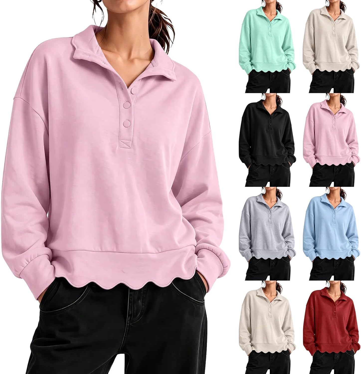 Scalloped Henley Sweatshirt Women