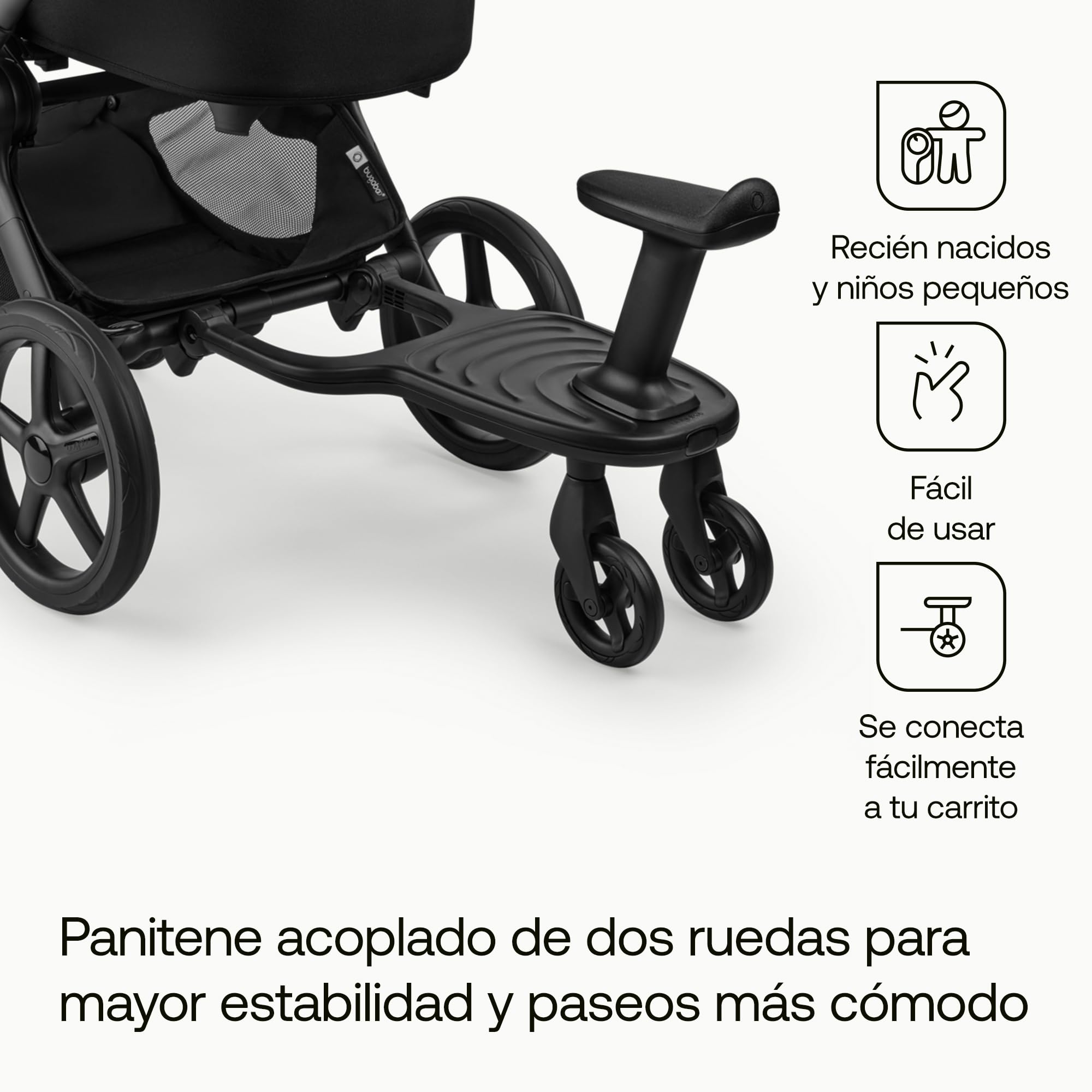 Bugaboo Patinete Acoplado+ Confort con silla extraíble: patinete con opción para sentarse o ir de pie, compatible con todos los carritos Bugaboo, 2 ruedas para mayor comodidad y estabilidad