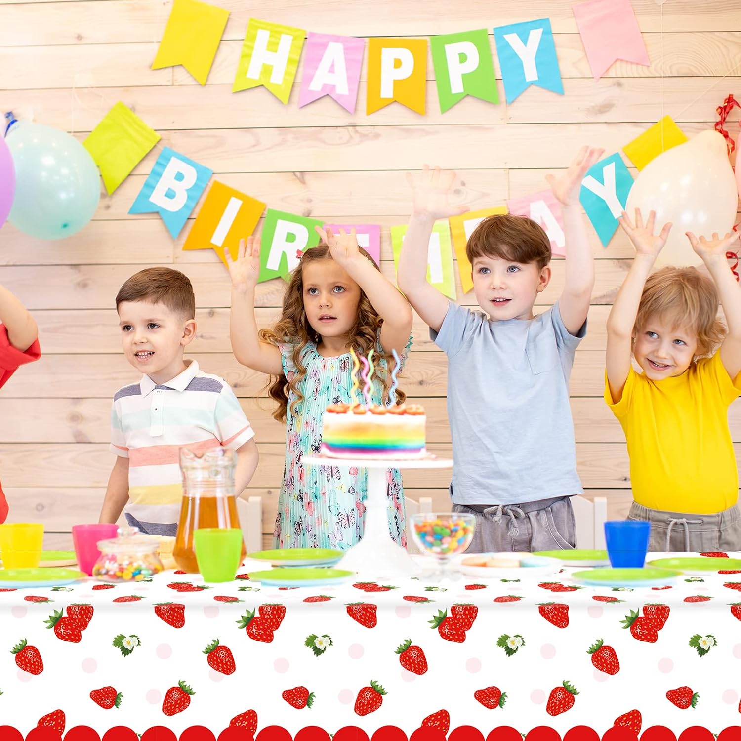 gisgfim 3 Pcs Strawberry Party Tablecloth Strawberry Theme Birthday Party Decorations Disposable Plastic Table Cover for Summer Fruit Birthday Party Decor Supplies Baby Shower 105 x 54 inch image 5