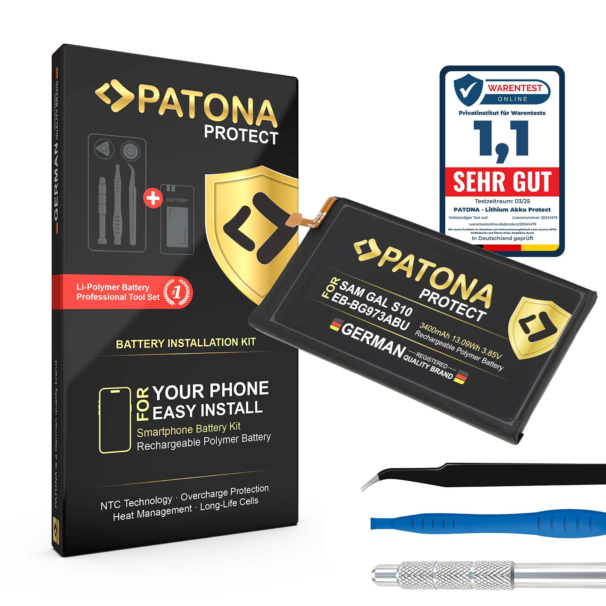 PATONA PROTECT Batteria ricambio per Samsung Galaxy S10 EB-BG973ABU Smartphone – 3400mAh Li-Polymer con Sensore NTC, Protezione Sovraccarico e Scarica, con Kit Installazione