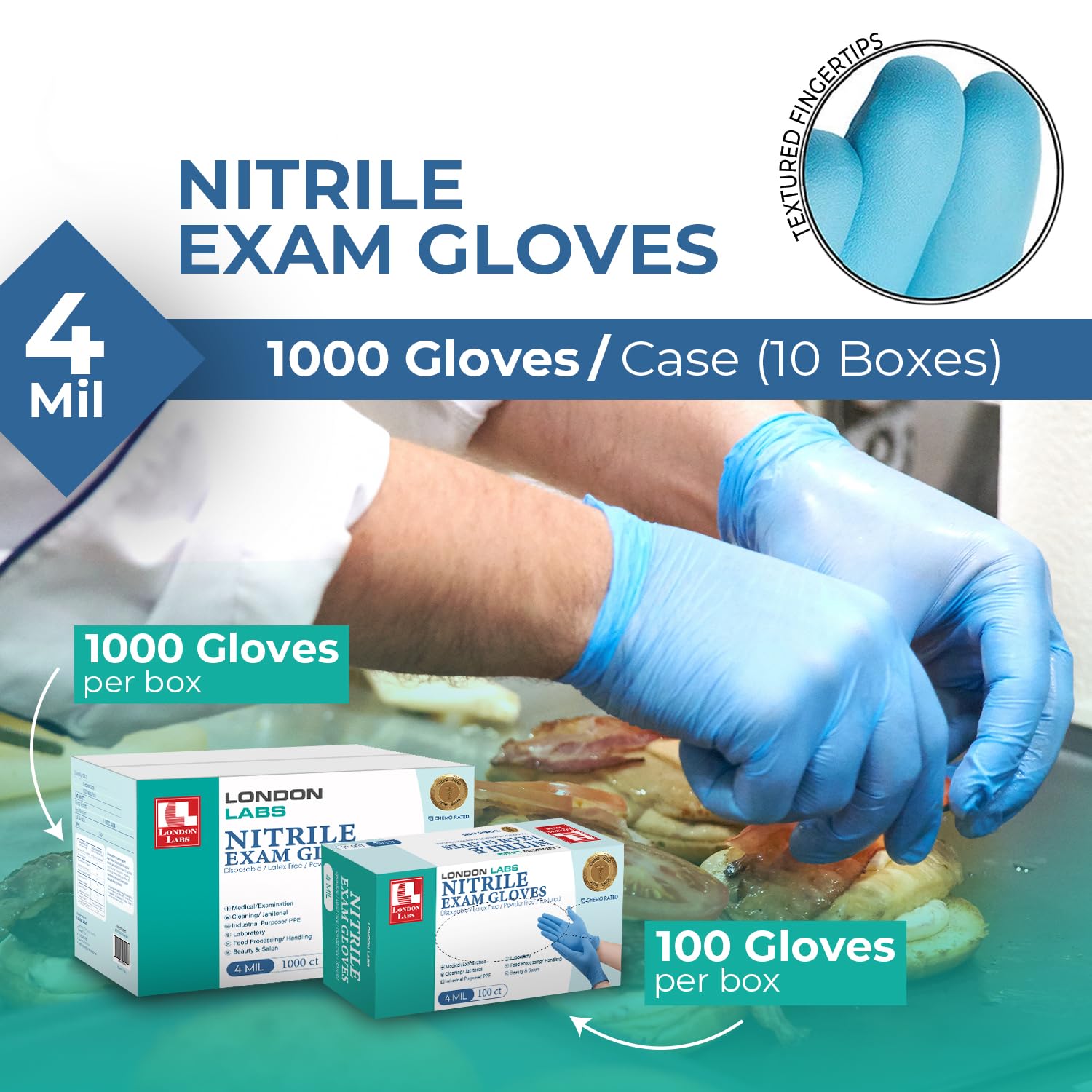 London Labs Nitrile Exam Gloves, 4 Mil Thick Chemo-Rated Disposable Gloves, Latex-Free & Powder-Free (1000, X-Large)