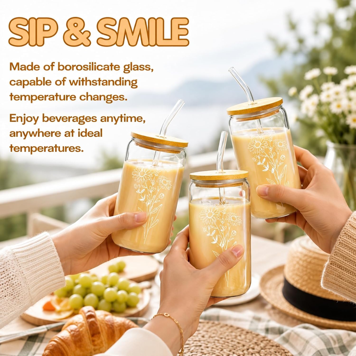 6 Pcs 16 Oz Gift for Women Cute Glass Cup, Can Shaped Drinking Glasses with Bamboo Lids and Glass Straws with Design, Aesthetic Flower Iced Coffee Mugs Tumbler Bulk for Party Bridesmaid Proposal Gifts