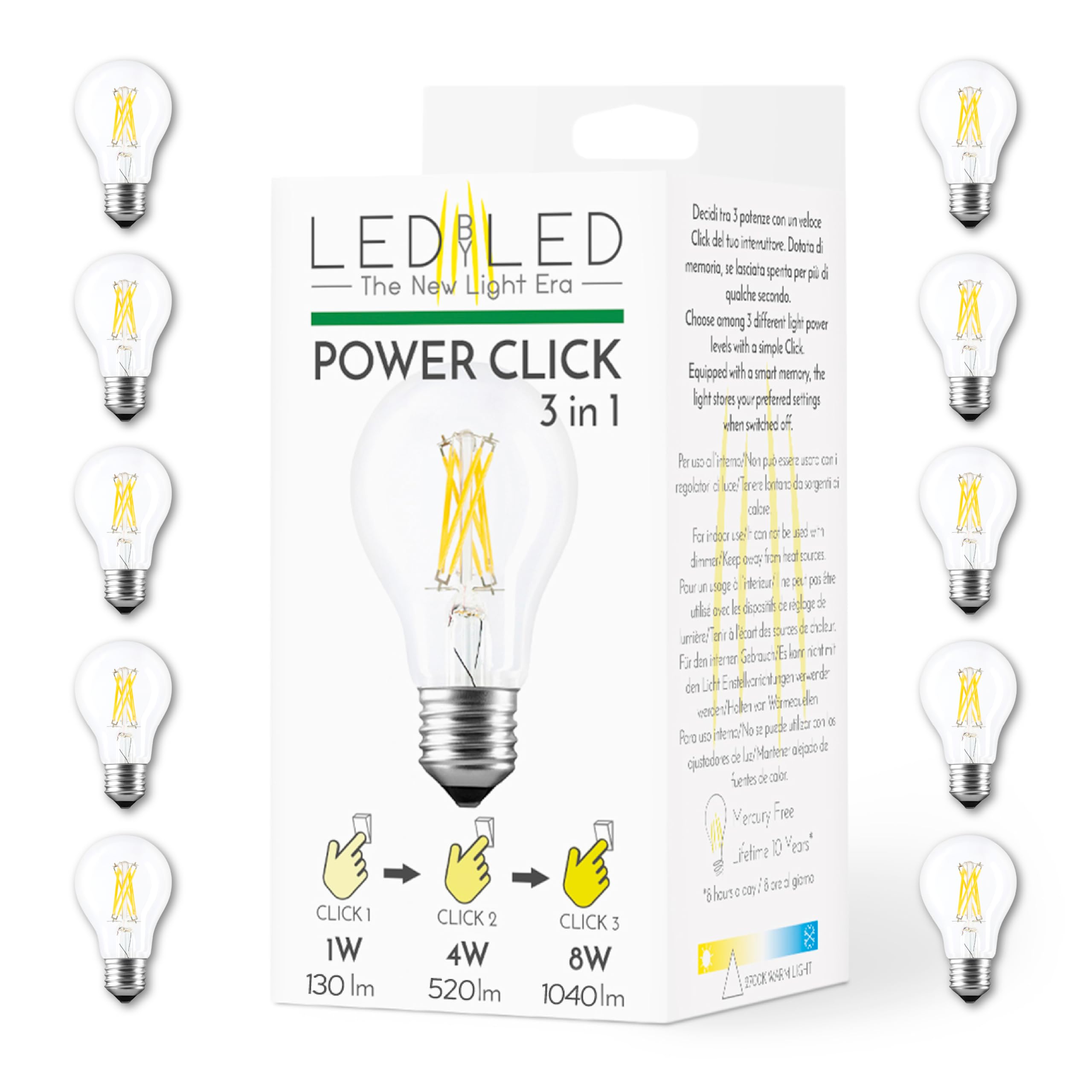 Smart Goccia Power Click 2-4-8W Glühbirne, E27, transparentes Glas, einstellbare Intensität, 2700K warmes Licht, gerader LED-Glühfaden, 960 Lumen, 10er-Pack