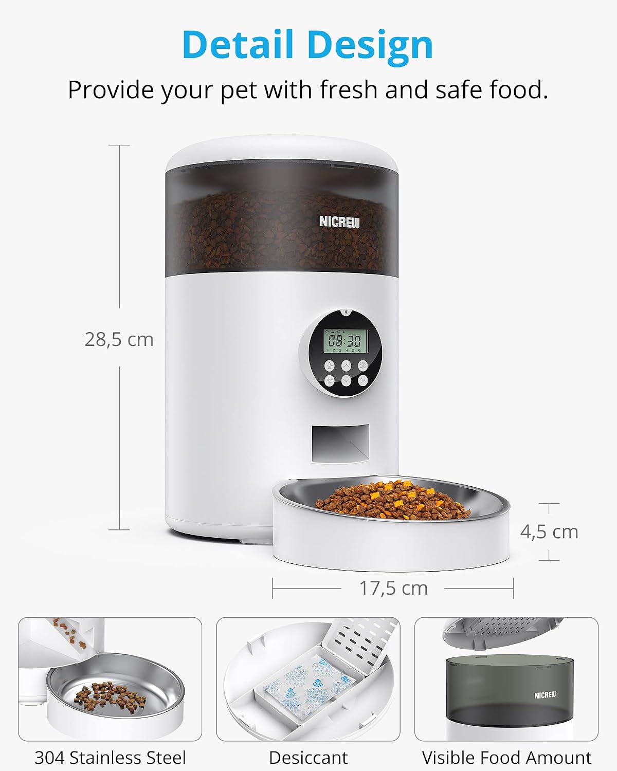 Detailed design features including dimensions, stainless steel bowl, desiccant, and visible food amount
