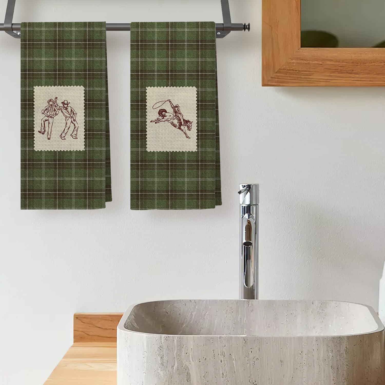 Vintage Green Plaid Western Kitchen Towels Set of 2, Retro Southwestern Cowboy Cowgirl Decorative Hand Dish Tea Towels for Bathroom, Western Kitchen Bathroom Decor, 16x24 Inch