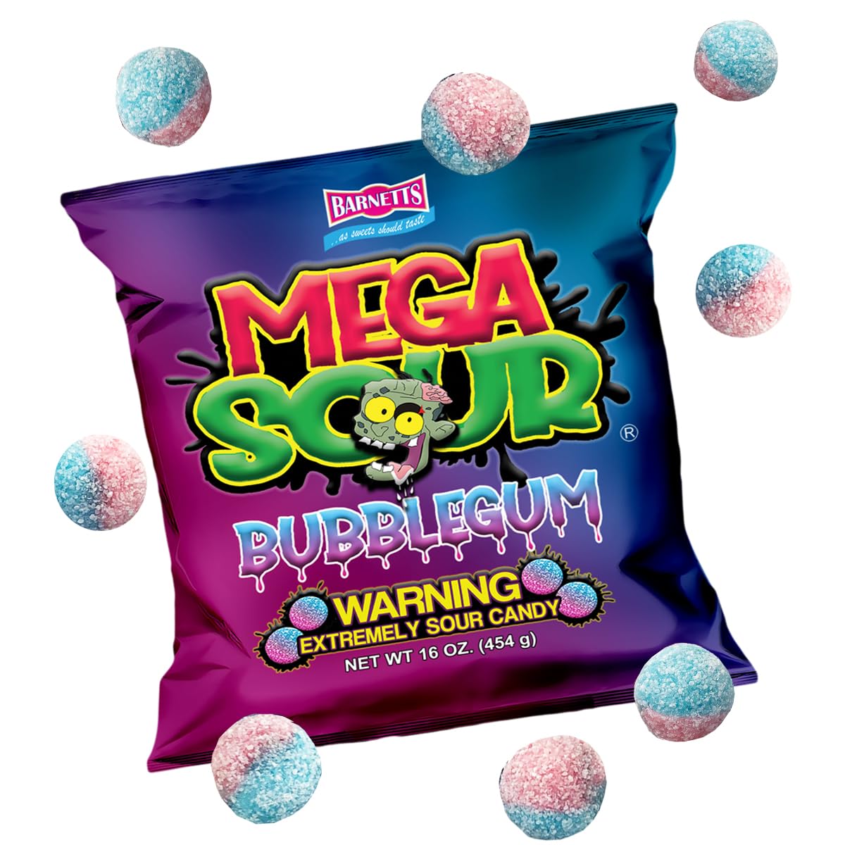 Barnetts - Mega Sour Candy Bubblegum 454g - Trendy Sweet Bags - Traditionally Handmade Sweets - Sour Coating Lasts 20 Seconds - Candies for Party Bag, Gift Hamper, or Hamper Box