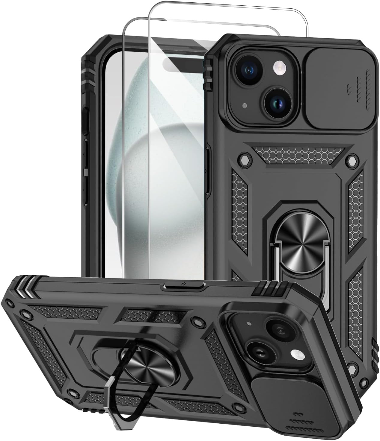 T Terselycase for 15 Plus (6.7 inch) with Camera Cover, Stand Kickstand Ring, and [2 PACK] Tempered Glass Screen Protector - Military Grade Shockproof Protective Cover (Black)