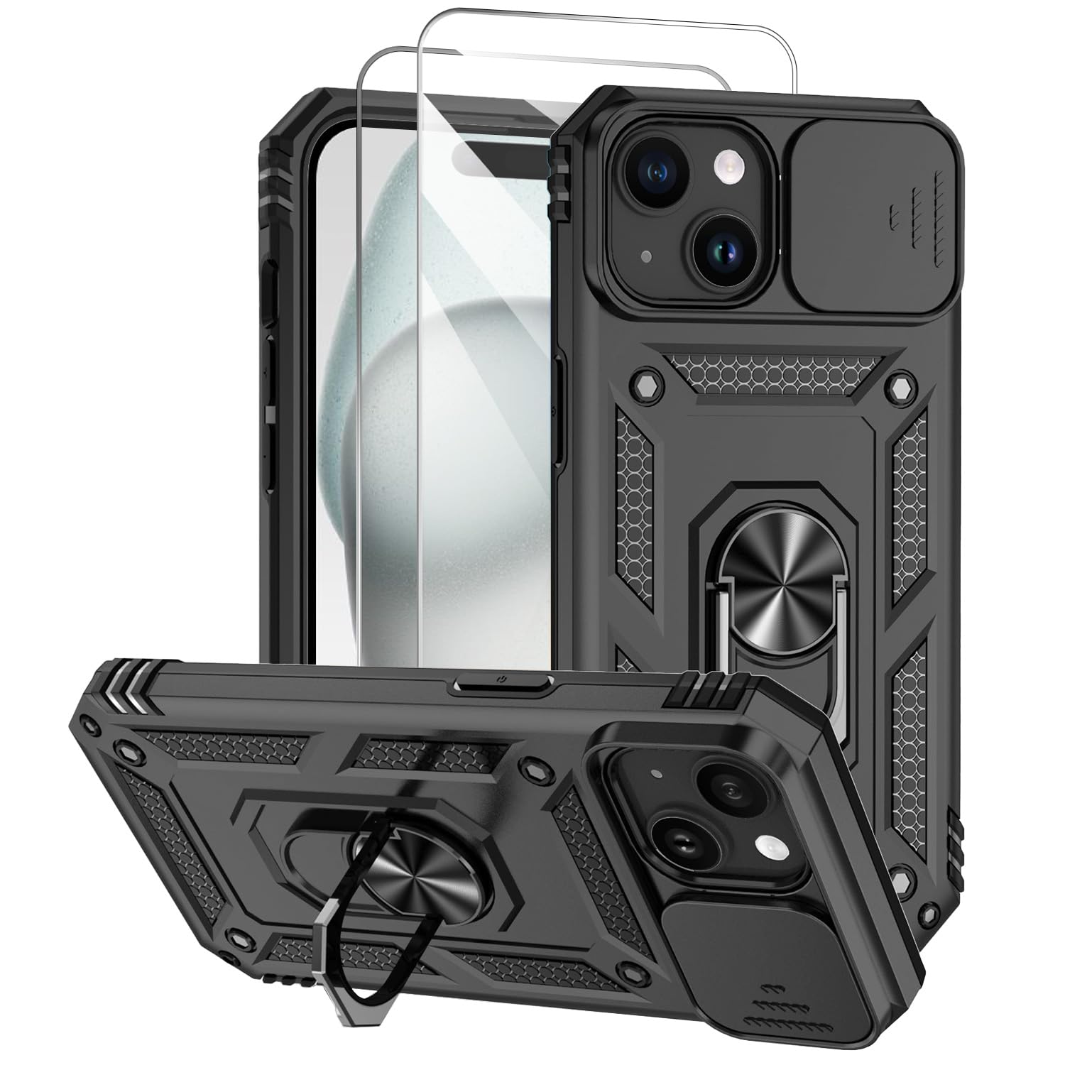 T Terselycase for 15 Plus (6.7 inch) with Camera Cover, Stand Kickstand Ring, and [2 PACK] Tempered Glass Screen Protector - Military Grade Shockproof Protective Cover (Black)
