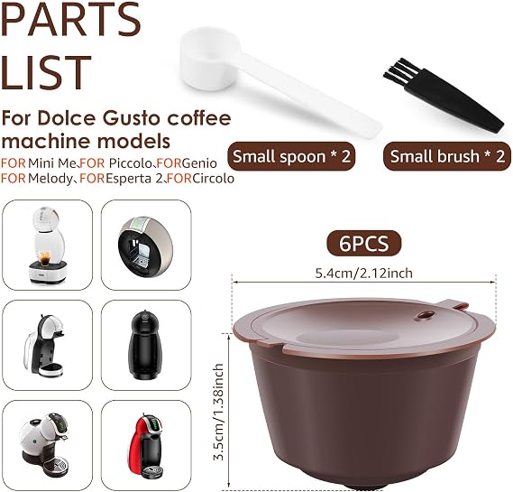 6Pcs Reusable Coffee Capsule for Dolce Gusto, Refillable Coffee Capsules Pods Reusable Coffee Filter with 2 Spoon and 2 Brush Multipurpose Coffee Capsule Kit for Ground Coffee Filter Coffee