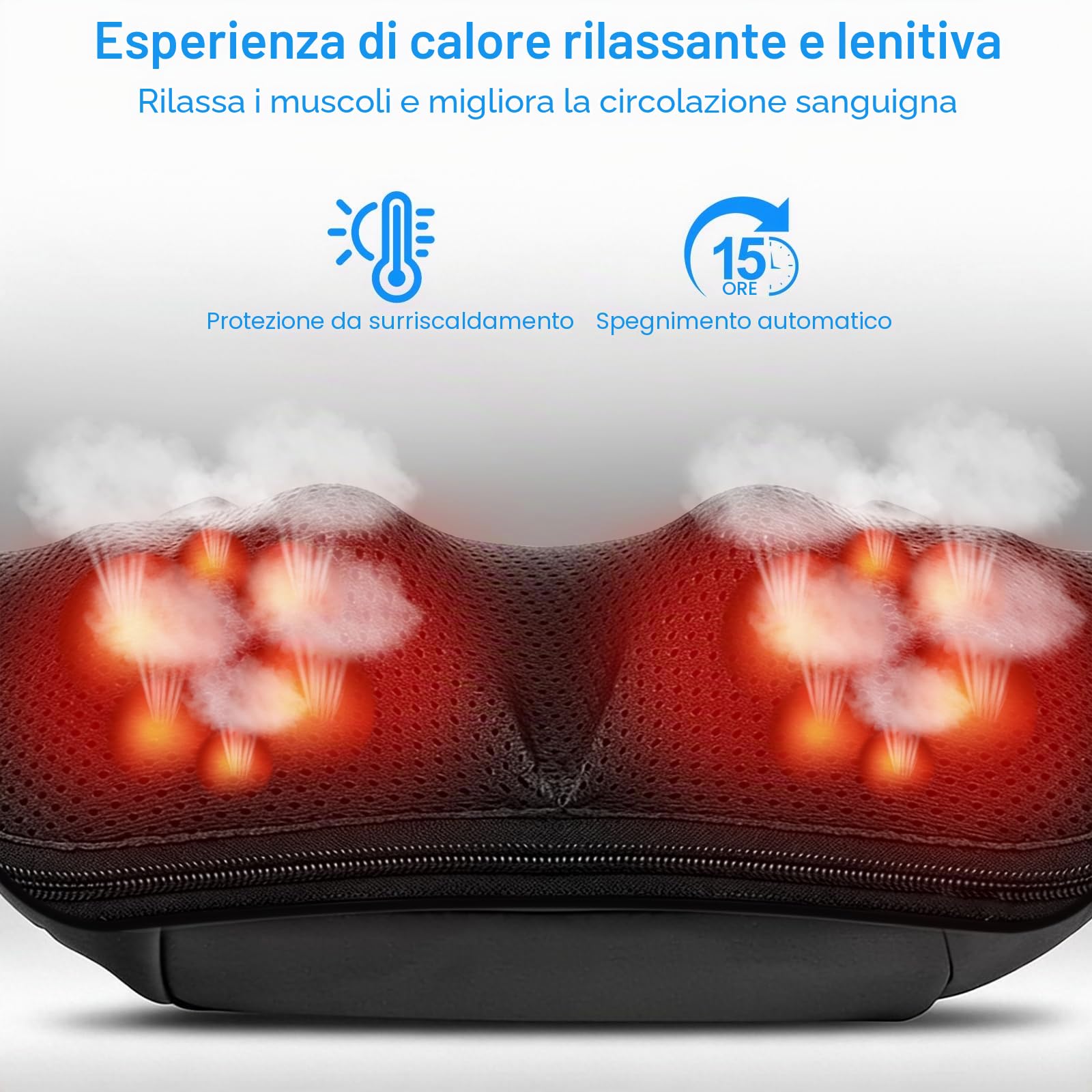 Massaggiatore per Collo e Schiena, Aliviare il Dolore Muscolare, 3 Velocità, 16 Teste di Massaggio, Cronometro di 15 Minuti, Massaggiatore per Tessuti Profondi con Funzione di Terapia del Calore